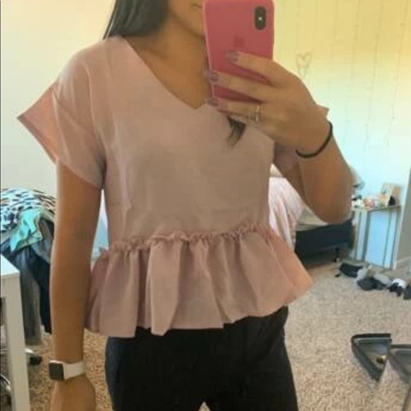 Flounce V-Neck Peplum Top in Pink - Picture 2 of 5